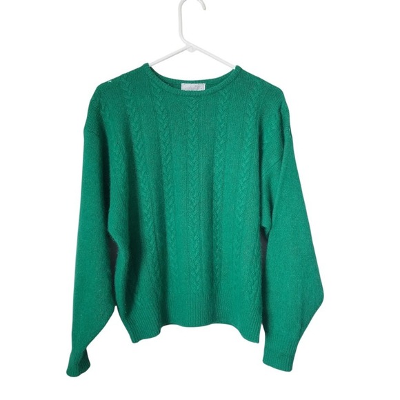 Vintage Sweaters - VINTAGE 80s cable knit rabbit hair blend crew neck sweater in kelly green size L